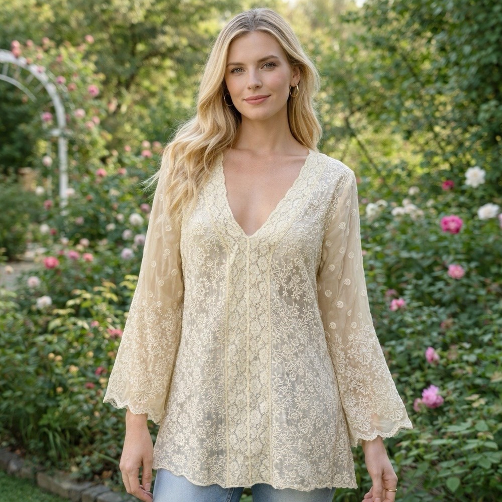 4LoveAndLiberty Johnny Was Ivory Sheer Embroidered Boho Ethereal‎ Fairy Blouse S
